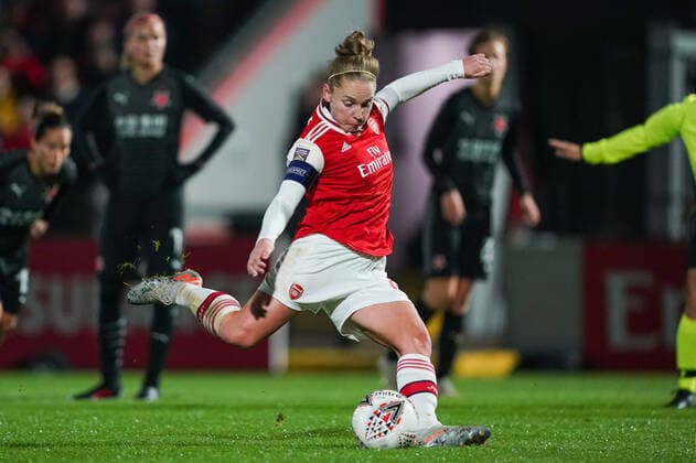 BOREHAMWOOD, ENGLAND - OCTOBER 31: Kim Little of Arsenal scores from the penalty spot during the UEFA Women s Champions League football match between Arsenal Women vs SK Slavia Praha Women at Meadow Park on October 31, 2019 in Borehamwood, England (Photo by Daniela Porcelli SPP) Copyright: xDanielaxPorcellix 20191031-21-51-56-DJP00198