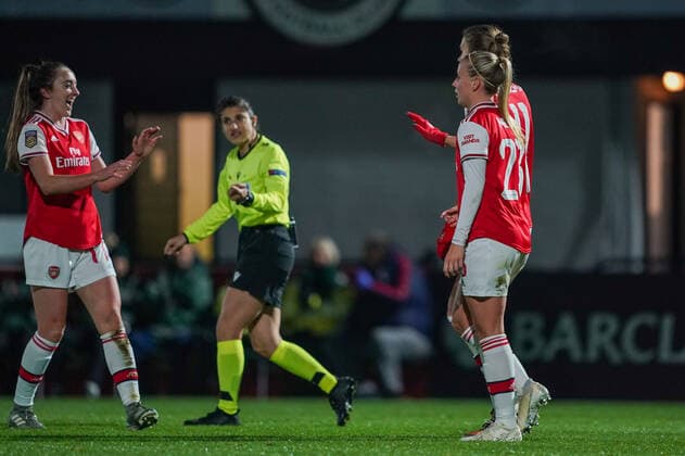 BOREHAMWOOD, ENGLAND - OCTOBER 31: Players of Arsenal celebrate Vivianne Miedema s goal during the UEFA Women s Champions League football match between Arsenal Women vs SK Slavia Praha Women at Meadow Park on October 31, 2019 in Borehamwood, England (Photo by Daniela Porcelli SPP) Copyright: xDanielaxPorcellix 20191031-22-13-40-DJP00342