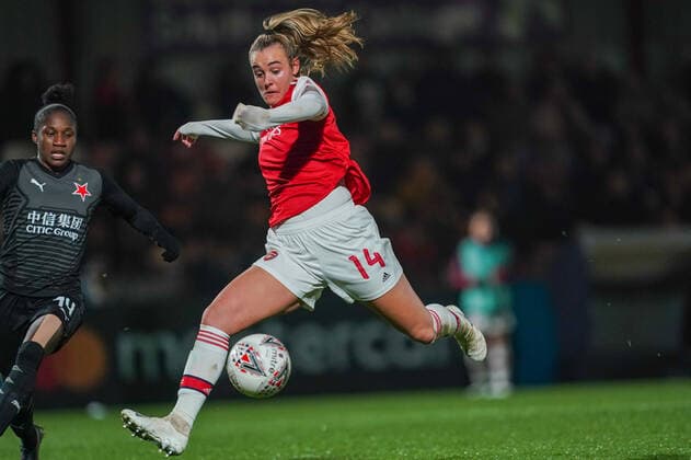 BOREHAMWOOD, ENGLAND - OCTOBER 31: Jill Roord of Arsenal shoots on goal during the UEFA Women s Champions League football match between Arsenal Women vs SK Slavia Praha Women at Meadow Park on October 31, 2019 in Borehamwood, England (Photo by Daniela Porcelli SPP) Copyright: xDanielaxPorcellix 20191031-22-42-29-DJP00428