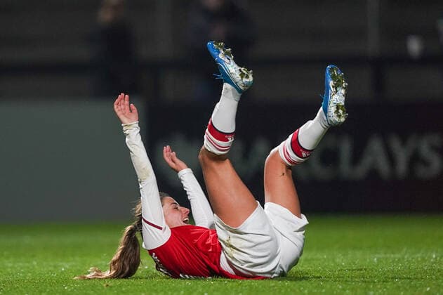 BOREHAMWOOD, ENGLAND - OCTOBER 31: Danielle Van de Donk of Arsenal celebrates her hat-trick during the UEFA Women s Champions League football match between Arsenal Women vs SK Slavia Praha Women at Meadow Park on October 31, 2019 in Borehamwood, England (Photo by Daniela Porcelli SPP) Copyright: xDanielaxPorcellix 20191031-22-53-53-DJP00471