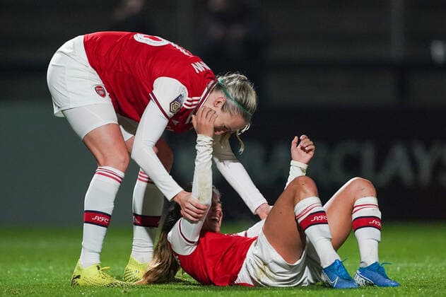 BOREHAMWOOD, ENGLAND - OCTOBER 31: Danielle Van de Donk of Arsenal (on the ground) and Louise Quinn celebrate Danielle s hat-trick during the UEFA Women s Champions League football match between Arsenal Women vs SK Slavia Praha Women at Meadow Park on October 31, 2019 in Borehamwood, England (Photo by Daniela Porcelli SPP) Copyright: xDanielaxPorcellix 20191031-22-53-55-DJP00483