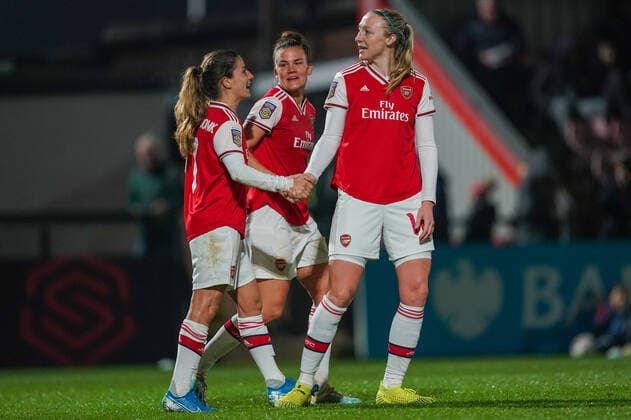 BOREHAMWOOD, ENGLAND - OCTOBER 31: Players of Arsenal celebrate Danielle Van de Donk s hat-trick during the UEFA Women s Champions League football match between Arsenal Women vs SK Slavia Praha Women at Meadow Park on October 31, 2019 in Borehamwood, England (Photo by Daniela Porcelli SPP) Copyright: xDanielaxPorcellix 20191031-22-54-07-DJP00513
