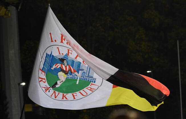 01.11.2019, xjhx, Fussball 1.Bundesliga Damen, 1.FFC Frankfurt - SGS Essen emspor, v.l. Fahne Logo Motiv (DFL DFB REGULATIONS PROHIBIT ANY USE OF PHOTOGRAPHS as IMAGE SEQUENCES and or QUASI-VIDEO) Frankfurt am Main