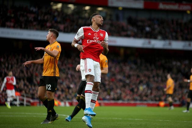 Pierre-Emerick Aubameyang of Arsenal during the Premier League match between Arsenal and Wolverhampton Wanderers at the Emirates Stadium, London, England. Copyright: xTomxSmeethx 25140080