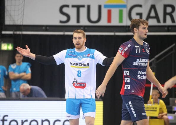 Handball TVB Stuttgart-SG Flensburg-Handewitt 02.11.2019 Deutschland Handball Bundesliga Männer Saison 2019 2020 TVB Stuttgart-SG Flensburg-Handewitt. Nr.8 Rudolf Faluvegi Stuttgart, Nr.77 Rod Magnus Abelvik Flensburg. Foto Herbert Rudel