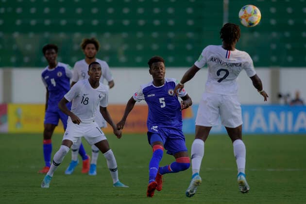 Sub 17 Haiti e França GOIÂNIA, GO - 02.11.2019: SUB 17 HAITI E FRANÇA - Kurowskybob Pierre, Georginio Rutter, Isaac Lihadji, Stanley Guirand and Temitope Akinjogunla during U17, U 17 Haiti and France. Match valid for the FIFA U17 World Cup group stage. Serrinha Stadium. Goiânia, GO. (Photo: Reinaldo Reginato Fotoarena) x1824620x  ReinaldoxReginato