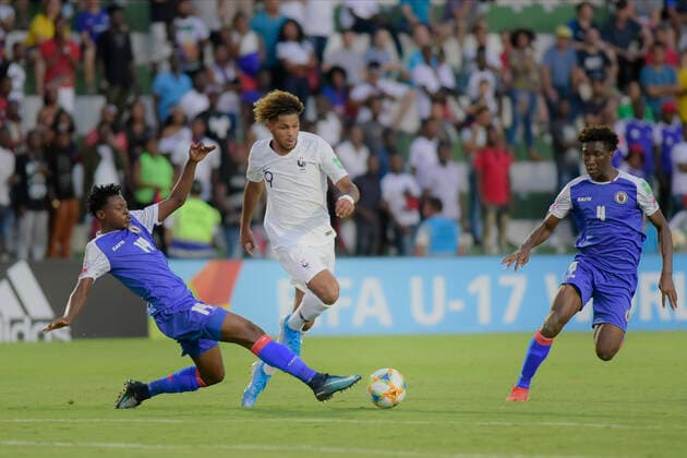 Sub 17 Haiti e França GOIÂNIA, GO - 02.11.2019: SUB 17 HAITI E FRANÇA - Woodbens Ceneus, Georginio Rutter and Kurowskybob Pierre during Under 17 Haiti and France. Match valid for the FIFA U17, U 17 World Cup group stage. Serrinha Stadium. Goiânia, GO. (Photo: Reinaldo Reginato Fotoarena) x1824643x  ReinaldoxReginato