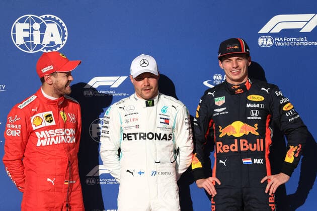 2nd November 2019; Circuit of the Americas, Austin, Texas, United States of America; Formula 1 United Sates Grand Prix, qualifying day; Mercedes AMG Petronas Motorsport, Valtteri Bottas finishes in pole followed by Scuderia Ferrari, Sebastian Vettel and Aston Martin Red Bull Racing, Max Verstappen - Editorial Use  ActionPlus12183756 LeannexBoon