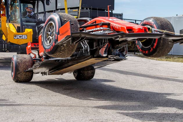 AUSTIN, TX - NOVEMBER 02: Excellent view of the complex underside of Scuderia Ferrari Mission Winnow (16) after engine failure approaching turn 19 during Practice P3 at the F1 United States Grand Prix held November 2, 2019, at the Circuit of the Americas in Austin, TX. (Photo by Allan Hamilton Icon Sportswire) AUTO: NOV 02 F1 - United States Grand Prix Icon191102221