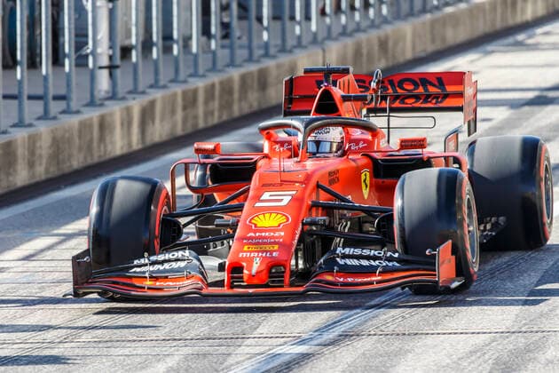 AUSTIN, TX - NOVEMBER 02: Scuderia Ferrari Mission Winnow driver Sebastian Vettel (5) of Germany leaves the pits during qualification. He eventually qualified 2nd at the F1 United States Grand Prix held November 2, 2019, at the Circuit of the Americas in Austin, TX. (Photo by Allan Hamilton Icon Sportswire) AUTO: NOV 02 F1 - United States Grand Prix Icon191102401