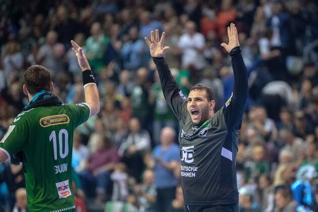 Handball Berlin 03.11.2019 1. Bundesliga HBL Saison 2019 2020 Füchse Berlin - Rhein-Neckar Löwen Dejan Milosavljev (Füchse Berlin, TW, No.96) Jubel