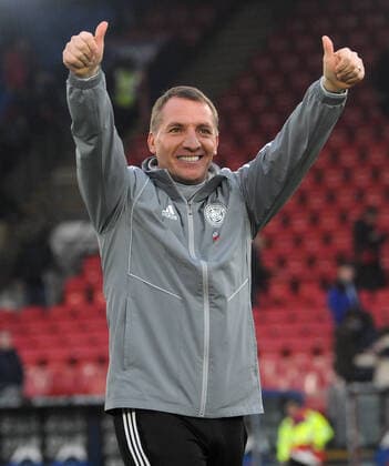 Football - 2019 2020 Premier League - Crystal Palace vs. Leicester City Leicester city Manager, Brendan Rodgers celebrates with the fans after the match at Selhurst Park. COLORSPORT ANDREW COWIE 