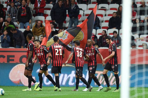 20 YOUCEF ATAL (NICE) - 25 WYLAN CYPRIEN (NICE) - 08 PIERRE LEES MELOU (NICE) - JOIE FOOTBALL : Nice vs Reims - Ligue 1 Conforama - 03 11 2019 FEP Panoramic 