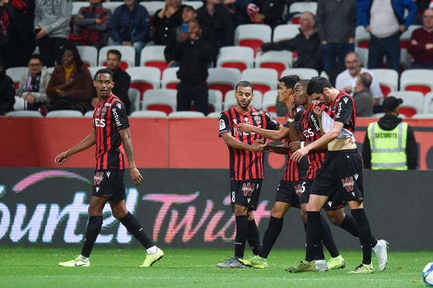 29 CHRISTOPHE HERELLE (NICE) - 18 ALEXIS CLAUDE MAURICE (NICE) - 21 DANILO BARBOSA (NICE) - 25 WYLAN CYPRIEN (NICE) - JOIE FOOTBALL : Nice vs Reims - Ligue 1 Conforama - 03 11 2019 FEP Panoramic 