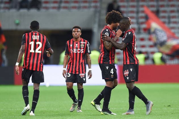 05 ADRIEN TAMEZE (NICE) - 04 DANTE (NICE) - 23 MALANG SARR (NICE) - JOIE - FAIR PLAY FOOTBALL : Nice vs Reims - Ligue 1 Conforama - 03 11 2019 FEP Panoramic 