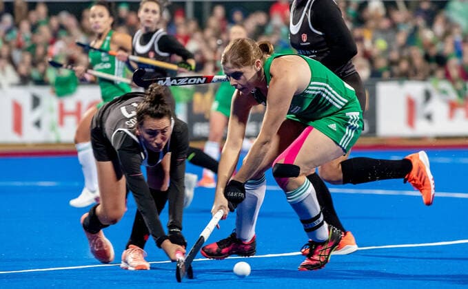 Women s FIH Olympic Hockey Qualifier Second Leg, Energia Park, Donnybrook, Co. Dublin 3 11 2019 Ireland vs Canada Ireland s Kathryn Mullan with Sara McManus of Canada Kathryn Mullan with Sara McManus 3 11 2019  Copyright: x©INPHO MorganxTreacyx EA3I1390