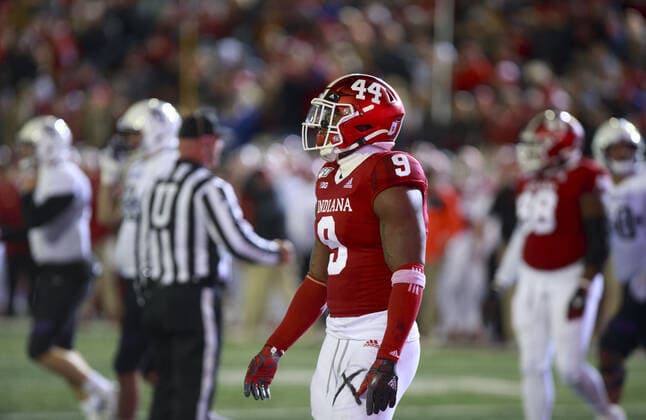 November 2, 2019, Bloomington, United States: Indiana University s Michael Penix Jr. (9) wears number 44 on his helmet for the late IU player George Taliaferro during the NCAA, College League, USA college football game at Memorial Stadium in Bloomington..The Hoosiers beat the Wildcats 34-3. Indiana University Vs Northwestern in Bloomington, US - 02 Nov 2019 - ZUMAs197 20191102_zaa_s197_234 Copyright: xJeremyxHoganx