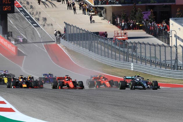 3rd November 2019; Circuit of the Americas, Austin, Texas, United States of America; Formula 1 United Sates Grand Prix, race day; Mercedes AMG Petronas Motorsport, Valtteri Bottas leads the race start as Vettel and Verstappen fight it out for 2nd place into corner 1  ActionPlus12184357 LeannexBoon