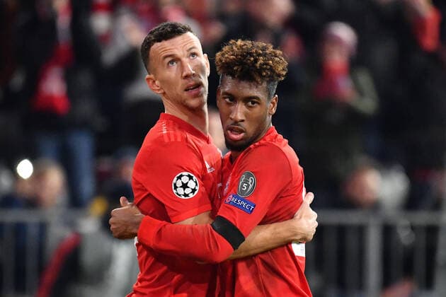 Torjubel Ivan PERISIC (Bayern Muenchen) mit Kingsley COMAN (Bayern Muenchen) nach Tor zum 2-0, Jubel,Freude,Begeisterung, Aktion. FC Bayern Muenchen-Olympiacos FC 2-0 Fussball Champions League,Gruppe B, Gruppenphase,4.Spieltag, am 06.11..2019. A L L I A N Z A R E N A. DFL REGULATIONS PROHIBIT ANY USE OF PHOTOGRAPHS AS IMAGE SEQUENCES AND OR QUASI-VIDEO.
