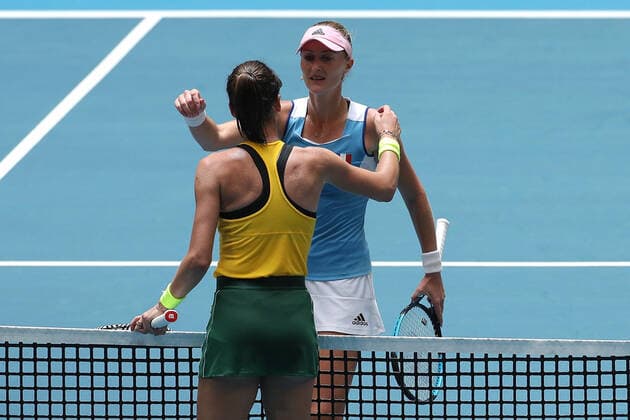 TENNIS FED CUP FINAL, Kristina Mladenovic of France is congratulated by Kristina Mladenovic of France after winning on day 1 of the Fed Cup Final tennis competition between Australia and France at RAC Arena in Perth, Saturday, November 9, 2019. ( NO ARCHIVING, EDITORIAL USE ONLY, NO USE IN BOOKS WITHOUT CONSENT PERTH WA AUSTRALIA  Copyright: xRICHARDxWAINWRIGHTx 20191109001431671765