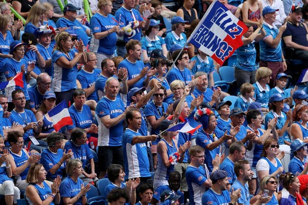 TENNIS FED CUP FINAL, French fans cheer during the Kristina Mladenovic of France and Ajla Tomljanovic of Australia match on day 1 of the Fed Cup Final tennis competition between Australia and France at RAC Arena in Perth, Saturday, November 9, 2019. ( NO ARCHIVING, EDITORIAL USE ONLY, NO USE IN BOOKS WITHOUT CONSENT PERTH WA AUSTRALIA  Copyright: xRICHARDxWAINWRIGHTx 20191109001431671870
