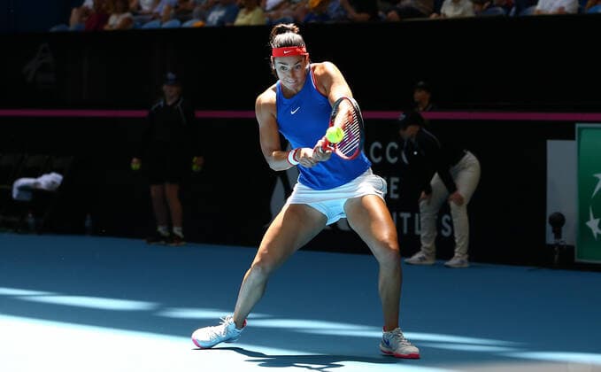 TENNIS FED CUP FINAL, Caroline Garcia of France in action during her match against Ashleigh Barty of Australia on day 1 of the Fed Cup Final tennis competition between Australia and France at RAC Arena in Perth, Saturday, November 9, 2019. ( NO ARCHIVING, EDITORIAL USE ONLY, NO USE IN BOOKS WITHOUT CONSENT PERTH WA AUSTRALIA  Copyright: xGARYxDAYx 20191109001431677871