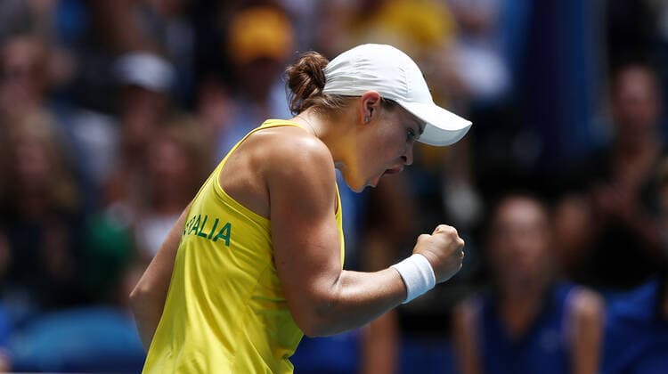 TENNIS FED CUP FINAL, Ashleigh Barty of Australia reacts after winning the first set during her match against Caroline Garcia of France on day 1 of the Fed Cup Final tennis competition between Australia and France at RAC Arena in Perth, Saturday, November 9, 2019. ( NO ARCHIVING, EDITORIAL USE ONLY, NO USE IN BOOKS WITHOUT CONSENT PERTH WA AUSTRALIA  Copyright: xGARYxDAYx 20191109001431680624