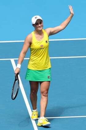 TENNIS FED CUP FINAL, Ash Barty of Australia celebrates after winning her match against Caroline Garcia of France on day 1 of the Fed Cup Final tennis competition between Australia and France at RAC Arena in Perth, Saturday, November 9, 2019. ( NO ARCHIVING, EDITORIAL USE ONLY, NO USE IN BOOKS WITHOUT CONSENT PERTH WA AUSTRALIA  Copyright: xRICHARDxWAINWRIGHTx 20191109001431683838