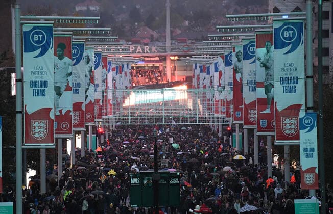 9th November 2019; Wembley Stadium, London, England; International Womens Football Friendly, England women versus Germany women; fans arrive in the heavy rain at Wembley Stadium - Editorial Use  ActionPlus12185902 SimonxWest
