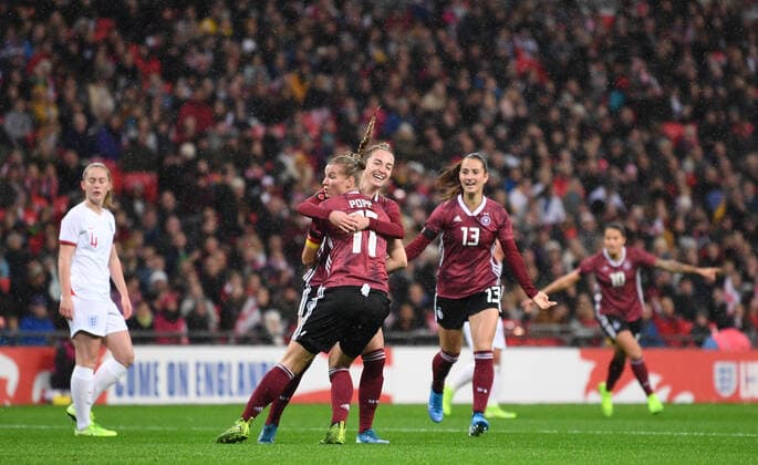 9th November 2019; Wembley Stadium, London, England; International Womens Football Friendly, England women versus Germany women; Alexandra Popp of Germany celebrates with her team on scoring in 11th minute 0-1 - Editorial Use  ActionPlus12185991 SimonxWest