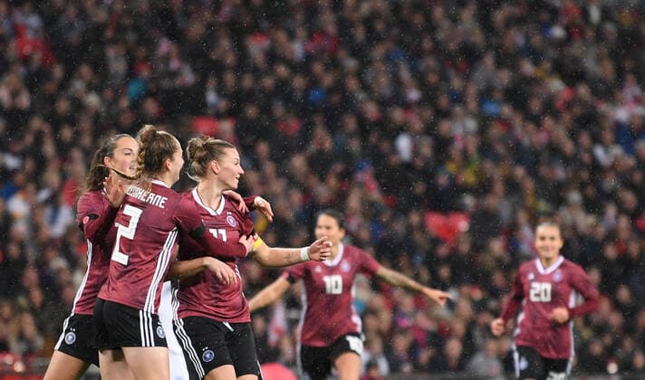 9th November 2019; Wembley Stadium, London, England; International Womens Football Friendly, England women versus Germany women; Alexandra Popp of Germany celebrates with her team on scoring in 11th minute 0-1 - Editorial Use  ActionPlus12185992 SimonxWest
