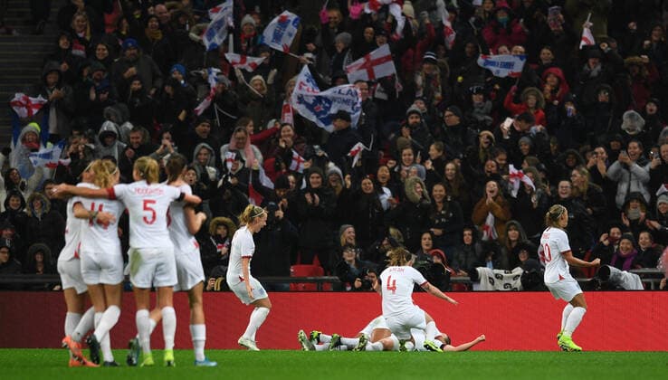 9th November 2019; Wembley Stadium, London, England; International Womens Football Friendly, England women versus Germany women; Ellen White of England celebrates with her team on scoring in 45th minute to bring the scores level 1-1 - Editorial Use  ActionPlus12186050 SimonxWest