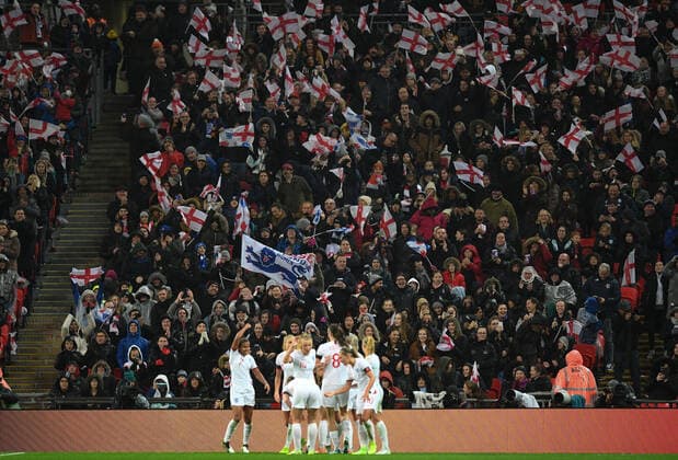 9th November 2019; Wembley Stadium, London, England; International Womens Football Friendly, England women versus Germany women; Ellen White of England celebrates with her team on scoring in 45th minute to bring the scores level 1-1 - Editorial Use  ActionPlus12186051 SimonxWest