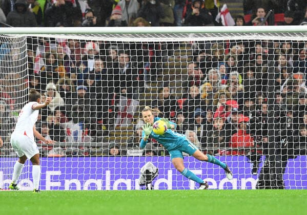 9th November 2019; Wembley Stadium, London, England; International Womens Football Friendly, England women versus Germany women; Nikita Parris of England takes the penalty which is saved by Merle Frohms of Germany - Editorial Use  ActionPlus12186053 SimonxWest