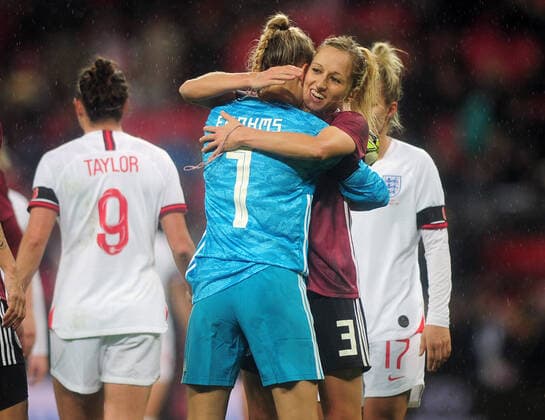 Football - 2019 2020 Women™s International Friendly, Länderspiel, Nationalmannschaft - England vs. Germany German goalkeeper, Merle Frohms and Kathrin Hendrich celebrate their 2-1 victory at the final whistle, at Wembley Stadium. COLORSPORT ANDREW COWIE 