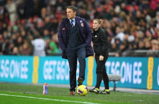 9th November 2019; Wembley Stadium, London, England; International Womens Football Friendly, England women versus Germany women; Phil Neville Head Coach for England controls the loose ball on the side line - Editorial Use  ActionPlus12186151 SimonxWest