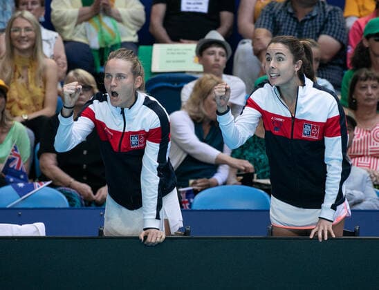 TENNIS FED CUP FINAL, Fiona Ferro and Alize Cornet during day 2 of the Fed Cup Final tennis competition at RAC Arena in Perth, Sunday, November 10, 2019. ( NO ARCHIVING, EDITORIAL USE ONLY, NO USE IN BOOKS WITHOUT CONSENT PERTH WA AUSTRALIA  Copyright: xFIONAxHAMILTONx 20191110001431851844