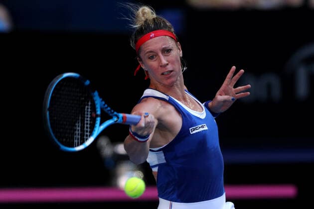 TENNIS FED CUP FINAL, Pauline Parmentier of France in action during her match against Ajla Tomljanovic of Australia on day 2 of the Fed Cup Final tennis competition between Australia and France at RAC Arena in Perth, Sunday, November 10, 2019. ( NO ARCHIVING, EDITORIAL USE ONLY, NO USE IN BOOKS WITHOUT CONSENT PERTH WA AUSTRALIA  Copyright: xRICHARDxWAINWRIGHTx 20191110001431858375