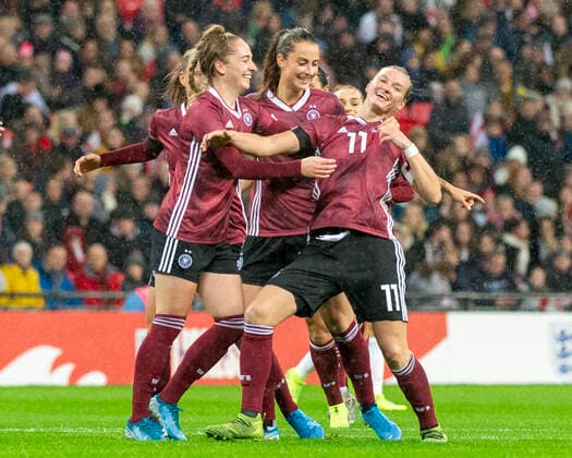 Germany captain Alexandra Popp celebrates scoring the opening goal of the game during the womens International Friendly, Länderspiel, Nationalmannschaft between England and Germany at Wembley Stadium in London, England. Germany ultimately won the game 2-1 with the winner coming in the 90th minute. England v Germany 