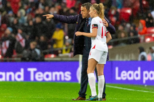 England manager Phillip Neville with Leah Williamson of England During the womens International Friendly, Länderspiel, Nationalmannschaft between England and Germany at Wembley Stadium in London, England. Germany ultimately won the game 2-1 with the winner coming in the 90th minute. England v Germany Inglaterra x Alemanha