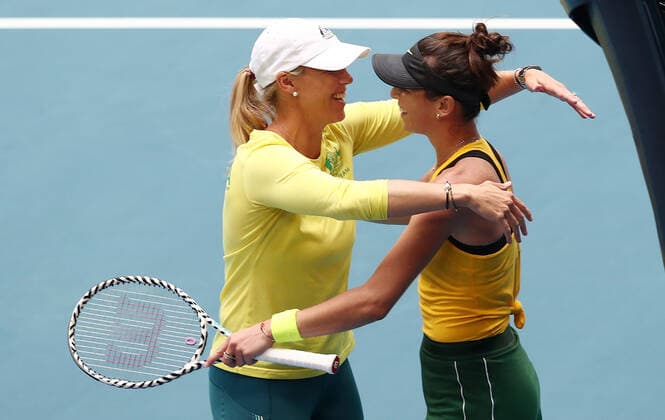 TENNIS FED CUP FINAL, Ajla Tomljanovic of Australia celebrates with Alicia Molik, team captain of Australia after winning her match against Pauline Parmentier of France on day 2 of the Fed Cup Final tennis competition between Australia and France at RAC Arena in Perth, Saturday, November 10, 2019. ( NO ARCHIVING, EDITORIAL USE ONLY, NO USE IN BOOKS WITHOUT CONSENT PERTH WA AUSTRALIA  Copyright: xGARYxDAYx 20191110001431867713