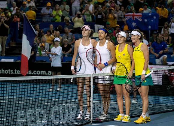 TENNIS FED CUP FINAL, Kristina Mladenovic, Caroline Garcia, Ash Barty and Sam Stosur during day 2 of the Fed Cup Final tennis competition at RAC Arena in Perth, Sunday, November 10, 2019. ( NO ARCHIVING, EDITORIAL USE ONLY, NO USE IN BOOKS WITHOUT CONSENT PERTH WA AUSTRALIA  Copyright: xFIONAxHAMILTONx 20191110001431869655