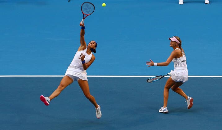 TENNIS FED CUP FINAL, Caroline Garcia of France in action partnered with Kristina Mladenovic during the doubles match against Ash Barty and Sam Stosur of Australia on day 2 of the Fed Cup Final tennis competition between Australia and France at RAC Arena in Perth, Saturday, November 10, 2019. ( NO ARCHIVING, EDITORIAL USE ONLY, NO USE IN BOOKS WITHOUT CONSENT PERTH WA AUSTRALIA  Copyright: xGARYxDAYx 20191110001431874352