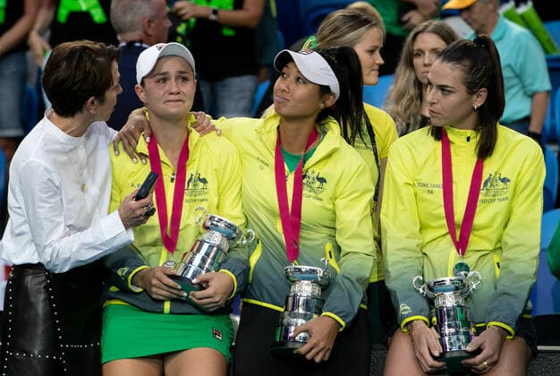 TENNIS FED CUP FINAL, Ash Barty is comforted by Jayne Hrdlicka and Priscilla Hon and Ajla Tomljanovic at the Fed Cup Final tennis competition at RAC Arena in Perth, Sunday, November 10, 2019. ( NO ARCHIVING, EDITORIAL USE ONLY, NO USE IN BOOKS WITHOUT CONSENT PERTH WA AUSTRALIA  Copyright: xFIONAxHAMILTONx 20191110001431881220