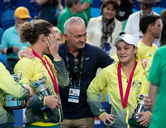 TENNIS FED CUP FINAL, Wally Masur with Sam Stosur and Ash Barty Team France wins the Fed Cup Final tennis competition at RAC Arena in Perth, Sunday, November 10, 2019. ( NO ARCHIVING, EDITORIAL USE ONLY, NO USE IN BOOKS WITHOUT CONSENT PERTH WA AUSTRALIA  Copyright: xFIONAxHAMILTONx 20191110001431882673