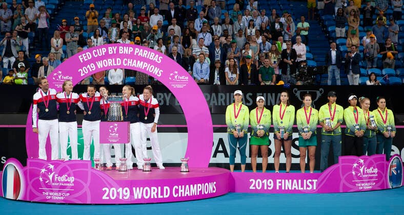 10th November 2019; RAC Arena, Perth, Western Australia, Australia; Fed Cup by BNP Paribas Final Tennis, Australia versus France; The French team sing their National Anthem after defeating Australia in the Final - Editorial Use  ActionPlus12186233 DavidxWoodley