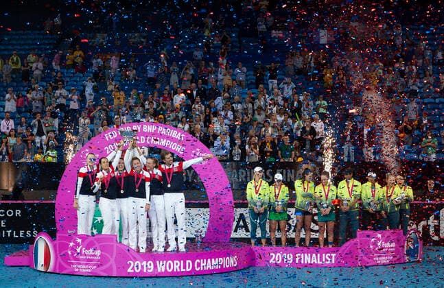 10th November 2019; RAC Arena, Perth, Western Australia, Australia; Fed Cup by BNP Paribas Final Tennis, Australia versus France; The French team celebrates their win over Australia 3 rubbers to 2 - Editorial Use  ActionPlus12186235 DavidxWoodley