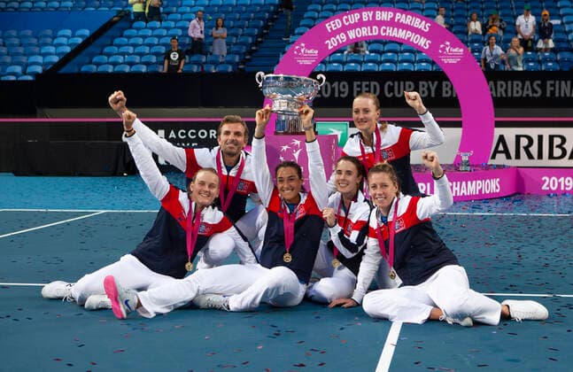 10th November 2019; RAC Arena, Perth, Western Australia, Australia; Fed Cup by BNP Paribas Final Tennis, Australia versus France; The French team pose with the Fed Cup after defeating Australia 3 rubbers to 2 - Editorial Use  ActionPlus12186240 DavidxWoodley