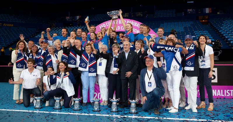 10th November 2019; RAC Arena, Perth, Western Australia, Australia; Fed Cup by BNP Paribas Final Tennis, Australia versus France; The whole French team gather for a photo after defeating Australia 3 rubbers to 2 - Editorial Use  ActionPlus12186244 DavidxWoodley