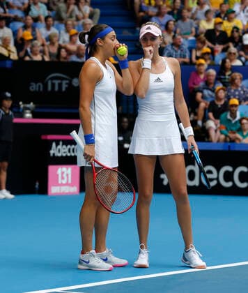 10th November 2019; RAC Arena, Perth, Western Australia, Australia; Fed Cup by BNP Paribas Final Tennis, Australia versus France; Kristina Mladenivic and Caroline Garcia of France during the doubles against Australia  ActionPlus12186305 DavidxWoodley